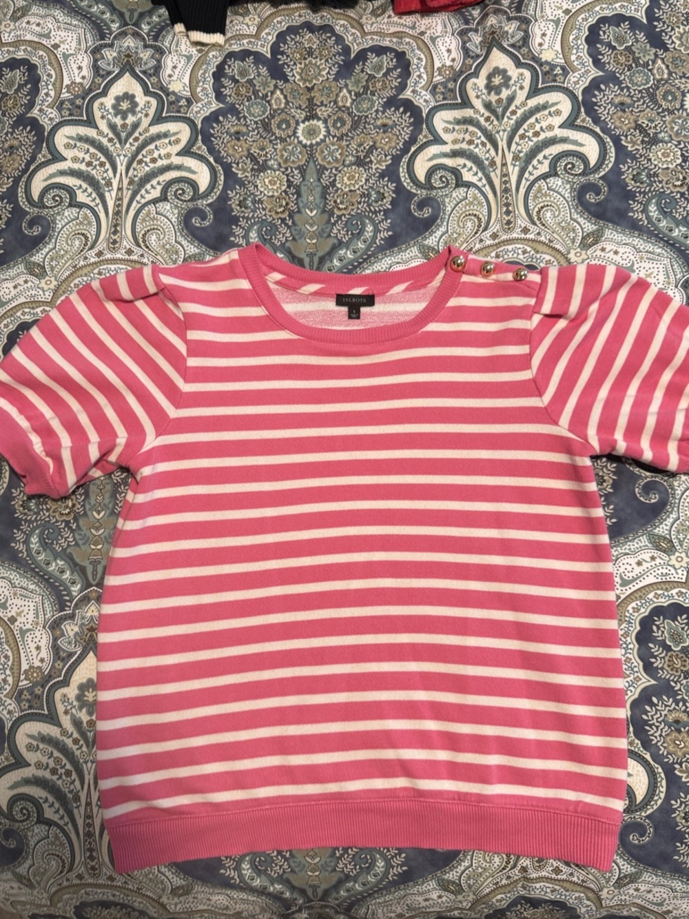 Talbots Pink and White Striped Short Sleeve Tee with Shoulder Buttons